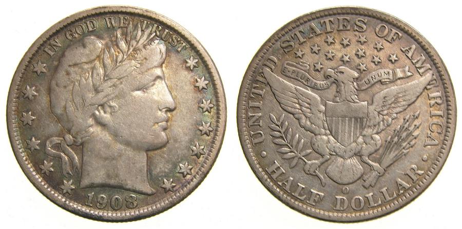US Coins - United States, 1908-O Silver Half Dollar 50C Liberty Head New Orleans Mint Toned VF++