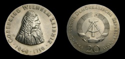 World Coins - Germany 1966 Democratic Republic 20 Mark, Gottfried Wilhelm Leibniz, KM-16.1, BU, Rare