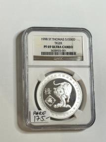 World Coins - 1998 St. Thomas 1000 Dobras Tiger Silver Coin PF 69 Ultra Cameo NGC Graded Rare