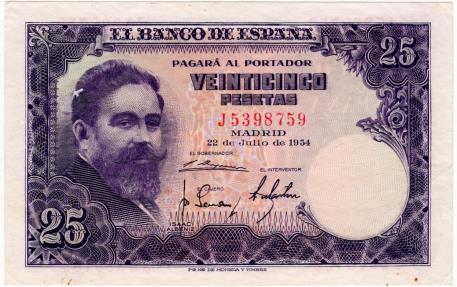 World Coins - Spain 1954 25 Pesetas P147 UNC