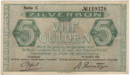 World Coins - Netherlands 1944 5 Gulden P63 VF+