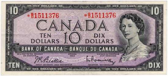 World Coins - Bank of Canada 10 Dollars Beattie-Rsminsky Replacement note *A/D Asterisk VF+