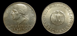 World Coins - Germany 1929-D Weimar Republic 3 Reichsmark, 200th Anniversary of Birth of Gotthold Lessing, XF/AU