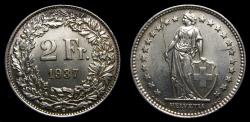 World Coins - Switzerland, 1937 Silver 2 Francs, UNC Low Mintage 250,000 Scarce in High Grade