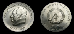 World Coins - Germany 1969 Democratic Republic 20 Mark, Johann Wolfgang Von Goethe, KM-25, BU, Rare