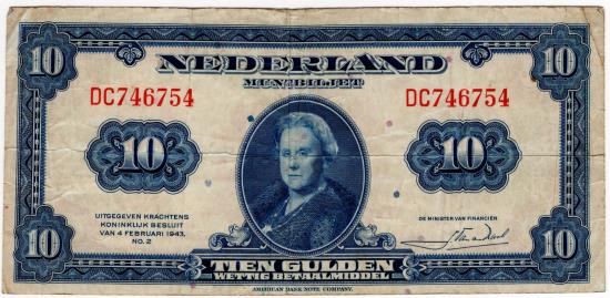 World Coins - Netherlands 1943 10 Gulden P66a F/VF