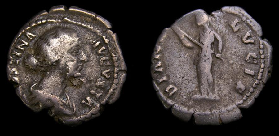 Ancient Coins - FAUSTINA II, as Augusta, 147-176, AR Denarius (19 mm, 2.55 g, 6h) Rome Mint Diane Fine