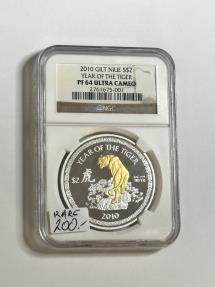 World Coins - 2010 Gilt Niue $2 Year of the Tiger 1 Oz. .999 Silver Coin PF 64 Ultra Cameo NGC