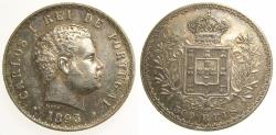World Coins - PORTUGAL 1893 Silver 500 Reis Carlos I AU+ Choice Toning
