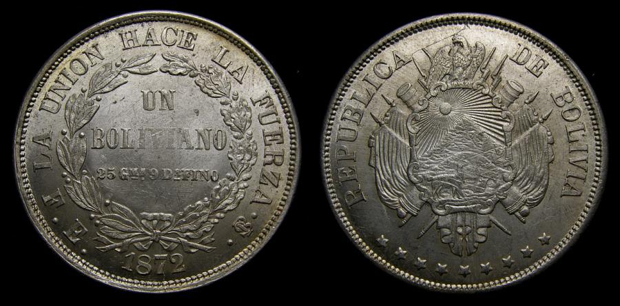 Ancient Coins - Bolivia 1872 Boliviano Potosi Mint PTS FE .900 Silver .7234 OZ ASW KM# 155.4 BU
