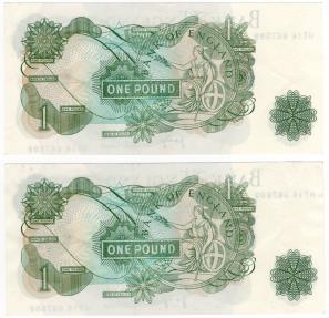 World Coins - England 1960-1979 Lot of two 1 Pound Banknotes P374g UNC