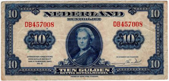 World Coins - Netherlands 1943 10 Gulden P66a VF
