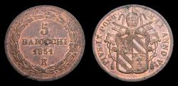 World Coins - Italy 1851R Papal States 5 Baiocchi Pope Pius IX KM#1356 MS-64 UNC