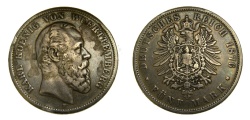 World Coins - GERMANY, Wurttemberg, 1876, 5 Marks, Good VF+