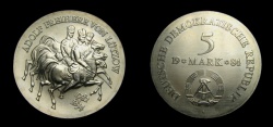World Coins - Germany 1984 Democratic Republic 5 Mark, Death of Ludwig Adolf Wilhelm Freiherr von Lutzow, KM-98, BU