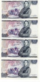 World Coins - England  1973-1980 Four Consecutive British 5 Pounds P378a UNC BN78 672786,672787, 672788 and672789