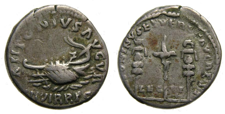 Ancient Coins - Marcus Aurelius and Lucius Verus AR Denarius (18 mm, 3.17 gm, 12h), Restitution issue of Marc Antony legionary type. Rome, AD 165-166 VF