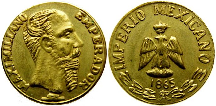 ONE 1865 Brilliant Peso Eperador Maximilano Mexican Gold Coin 22KIhge token 