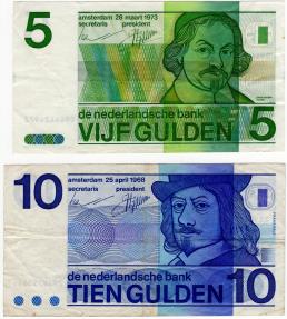 World Coins - Netherland Lot of two: 5 Gulden 1973 and 10 Gulden 1968 P90a; P91b VF/EF