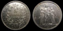 World Coins - France, 1873 A Silver 5 Francs KM# 820.1 .900 Silver .7234 oz ASW BU