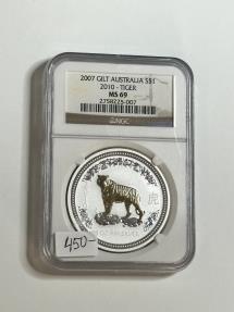 World Coins - 2007 Gilt Australia $1 2010 Tiger .999 Silver Coin MS 69 NGC