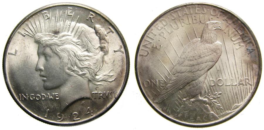 Ancient Coins - United States, Silver Peace Dollar 1924 GEM BU Brilliant Uncirculated MS-65+ or Better - Worth Grading