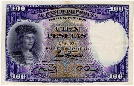 World Coins - Spain 1931 100 Pesetas P83 AUNC