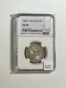 World Coins - 1908 L Finland 2 Markkaa Silver Coin AU 58 NGC Graded