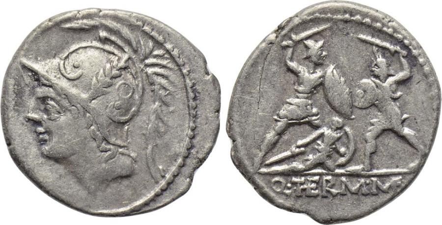 Ancient Coins - Q. Minucius Thermus M.f., 103 BC, AR Denarius (20 mm, 3.79 g, 1h) Rome Mint, VF Warriors
