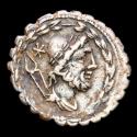 Ancient Coins - Lucius Aurelius Cotta. Serrate silver denarius - Minted in Rome in 105 B.C. - Vulcan / Eagle on thunderbolt.
