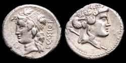Ancient Coins - L. Cassius Q. f. silver denarius, Rome, 78 B.C. - L·CASSI·Q·F Vine-wreathed head of Liber left.