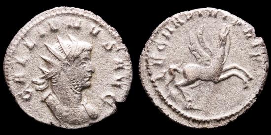 Ancient Coins - Gallienus, Silver antoninianus, legionary series. Mediolanum 260-262 AD. - LEG II ADI VI P VI F Pegasus springing right.