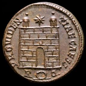 Ancient Coins - Constantius II (Caesar, 324-337 A.D.) Bronze follis. Rome, 326 A.D. PROVIDENTIAE CAESS / R (wreath) Q. Camp gate.