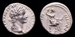 Ancient Coins - Tiberius (14-37 A.D.) Silver Denarius. Lugdunum. - PONTIF MAXIM (↺) Livia as Pax. Tribute Penny.