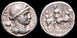 Ancient Coins - L. Farsuleius Mensor. Silver denarius. Rome, 75 B.C. - XVIII Libertas MENSOR / Roma in biga - scorpion.