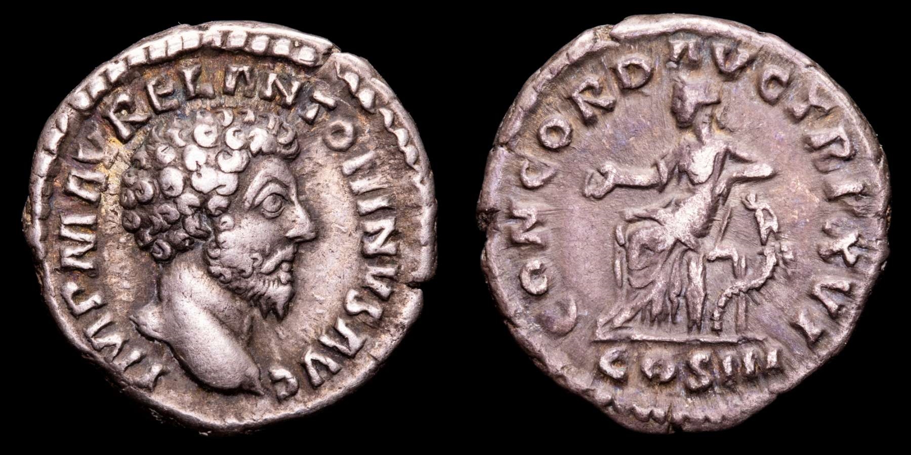 Aureliusページ Marcus Aurelius. Silver denarius. Rome 162-163 A.D. - CONCORD AVG