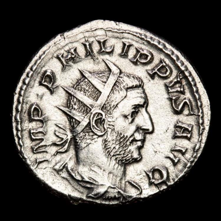 Ancient Coins - Philip I. Arabs (244-249 AD). AR Antoninianus, Rome. - FIDES EXERCITVS, Fides, holding vexillum and standard.