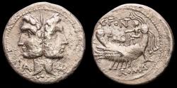 Ancient Coins - Mn. Fonteius. Silver denarius, Rome 114-113 B.C. - A- Janus / Galley right.