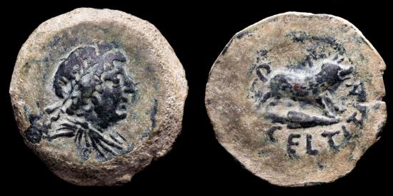Ancient Coins - Hispania - Celtitan. Bronze Unit. 50 BC. Peñaflor (Sevilla). Boar right, on spearhead, latin legend CELTITAN below. Rare.