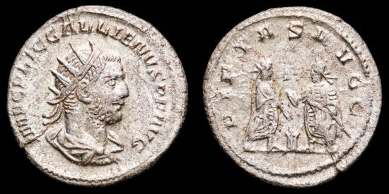 Ancient Coins - Gallienus, Silver antoninianus, Samosata, AD 255-256. - PIETAS AVGG, Valerian and Gallienus.
