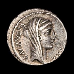 Ancient Coins - Q. Cassius Longinus silver denarius. Rome, 55 B.C. Temple of Vesta. Q. CASSIVS/ VEST. - AC. (Absolvo; Condemno)