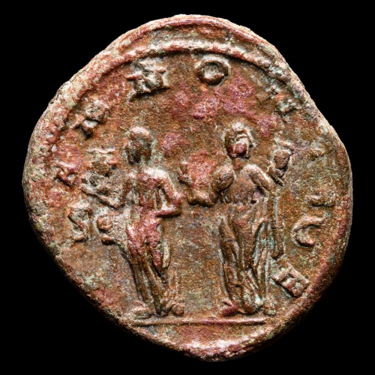 Ancient Coins - Trajan Decius - Æ Sestertius. Rome, AD 249-251. - PANNONIAE, the two Pannoniae standing facing, each holding a standard.
