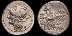 Ancient Coins - Lucius Appuleius Saturninus, Silver denarius, Rome, 104 B.C. - Saturn in galloping quadriga right, •N• mark above, L•SATVRN.