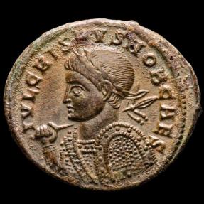 Ancient Coins - Crispus (317-326 A.D.) Bronze follis - Trier, (A.D. 321). BEATA TRAN-QVILLITAS / •STR• Globe set on altar.