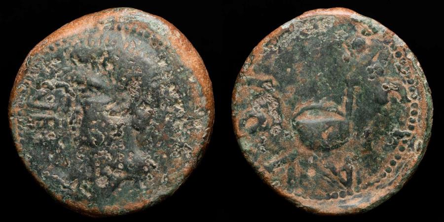 Ancient Coins - Roman Hispania - Augustus times (27 BC-14 AD) Bronze sestertius (42.33 g.) Gades (Cádiz). - Simpulum, around legend: TI CLAVDIVS NERO.