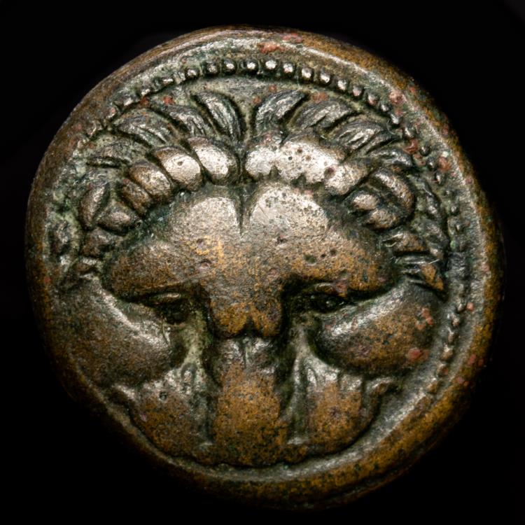 Bruttium Rhegion C 415 387 Ae 21 Facing Lion S Head Phginon Apollo S Head Right At Left Jug