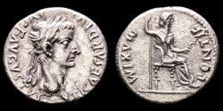 Ancient Coins - Tiberius, AD 14-37. Silver denarius. Lugdunum. PONTIF MAXIM, female figure seated right. Tribute Penny.