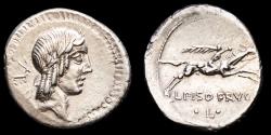 Ancient Coins - L. Calpurnius Piso L.f. L.n. Frugi. Silver denarius. Rome, 90 B.C. - L PISO FRVGI / ·L· Horseman right with palm.