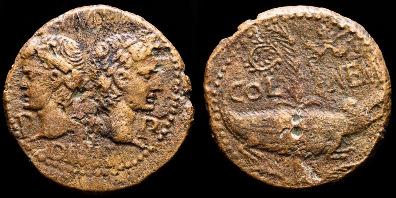 Augustus and Agrippa. Bronze dupondius. Colonia Nemausus (Nimes, Gaul