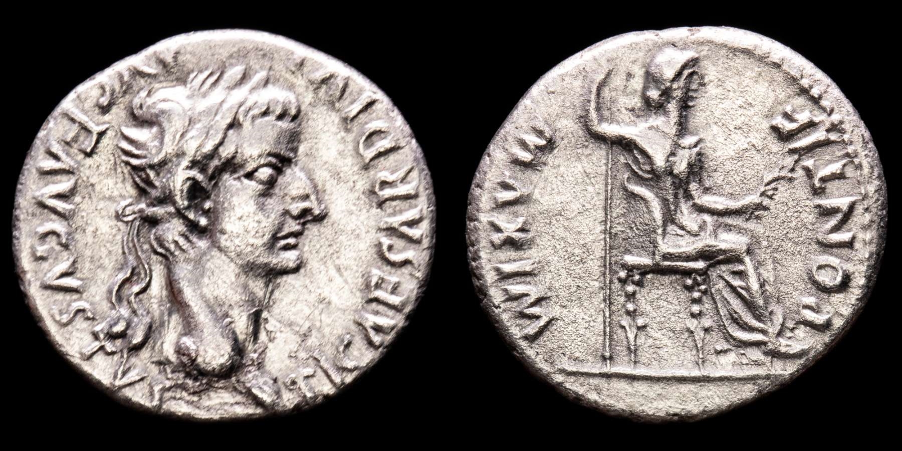 Tiberius, AD 14-37. Silver denarius. Lugdunum. PONTIF MAXIM